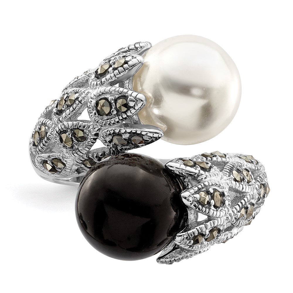Sterlingsilber Rhodiniert Schwarz und Weiß Plastic Imitat Perle Markasit Ring
