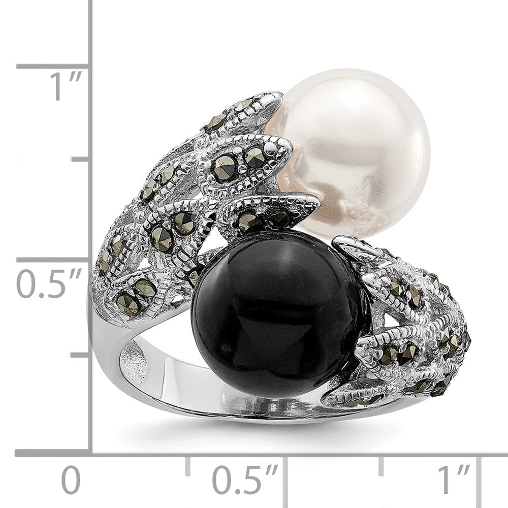 Sterlingsilber Rhodiniert Schwarz und Weiß Plastic Imitat Perle Markasit Ring