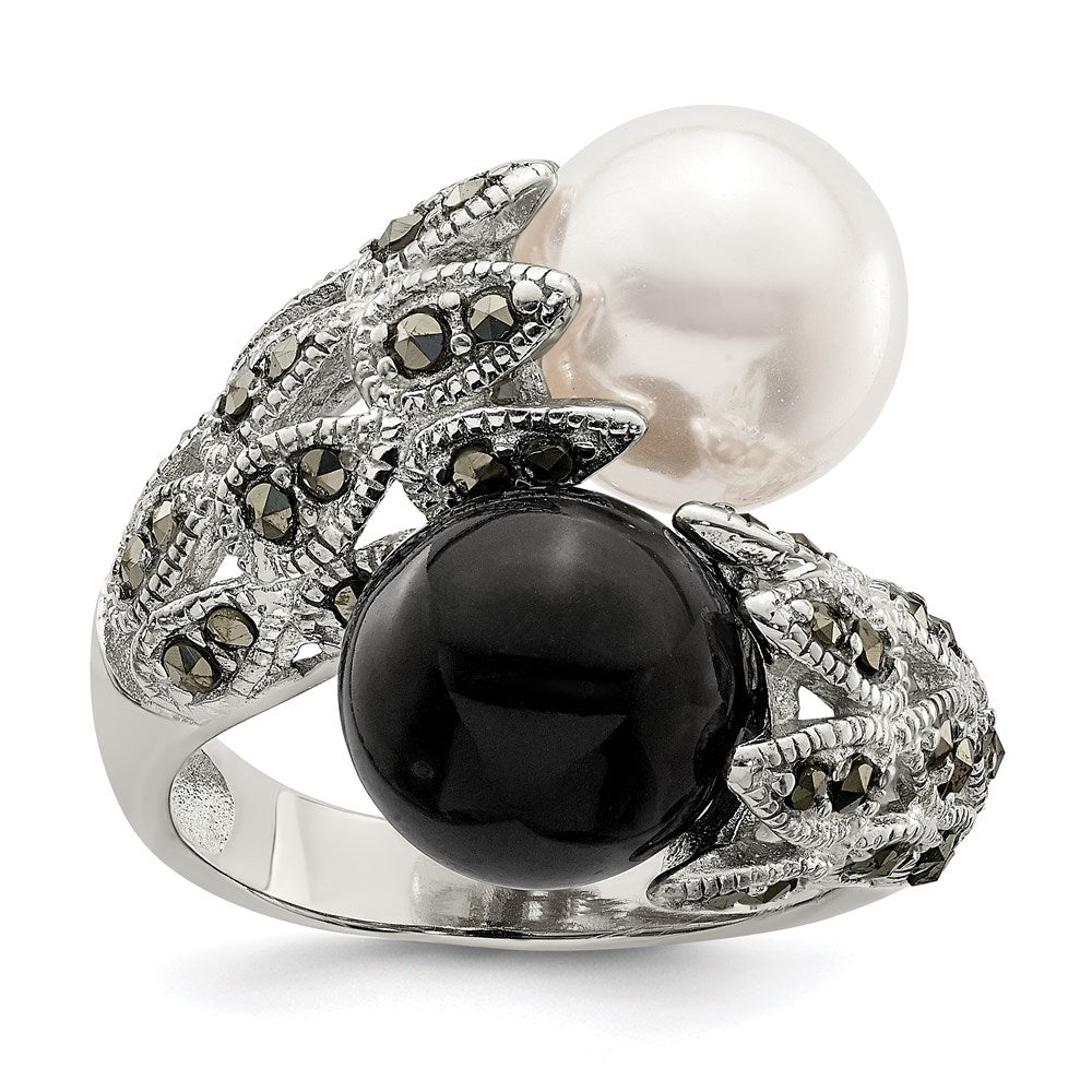 Sterlingsilber Rhodiniert Schwarz und Weiß Plastic Imitat Perle Markasit Ring
