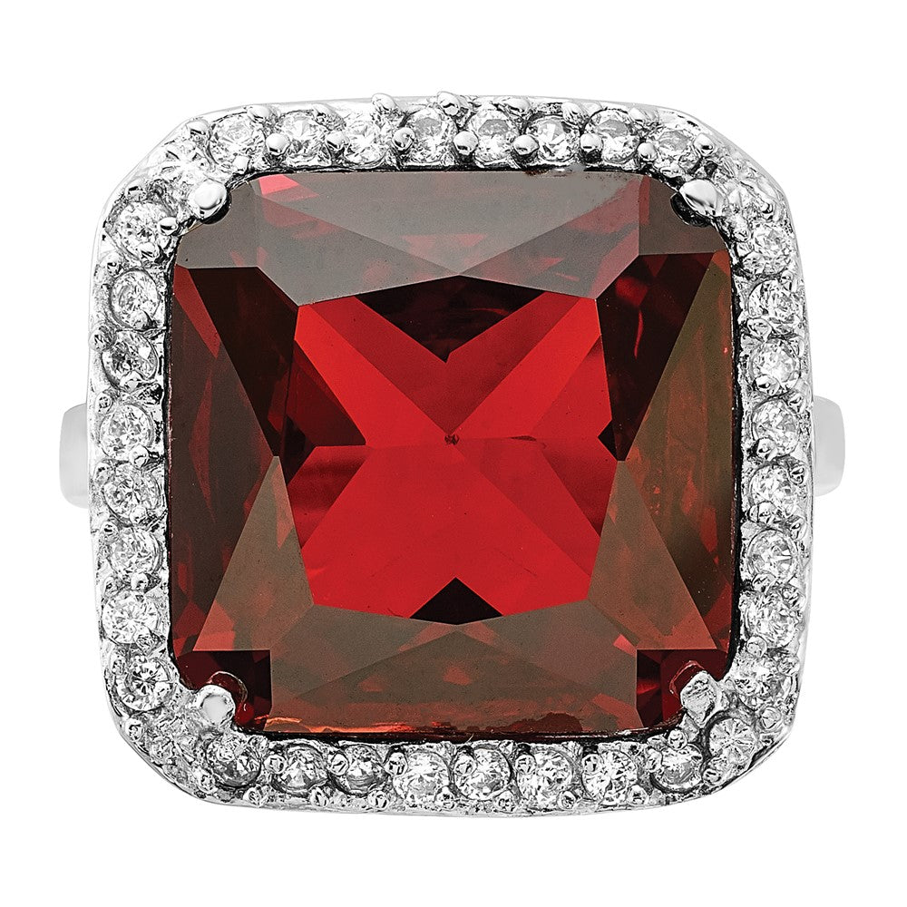 Sterlingsilber Poliert Rot & Klar Zirkonia Quadratisch Heiligenschein Ring (size 8 Nur)