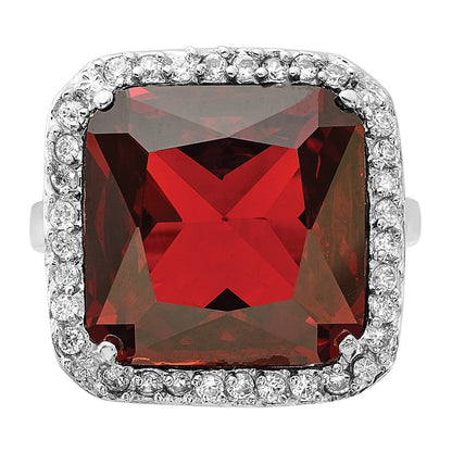 Sterlingsilber Poliert Rot & Klar Zirkonia Quadratisch Heiligenschein Ring (size 8 Nur)