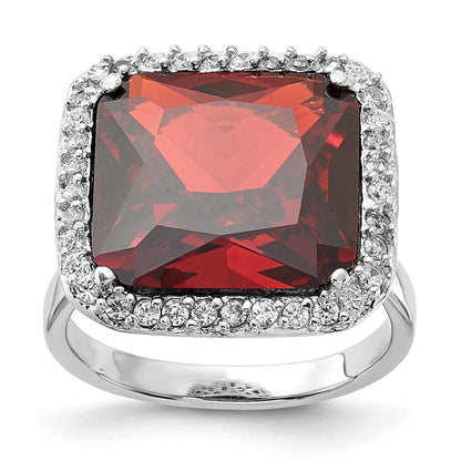 Sterlingsilber Poliert Rot & Klar Zirkonia Quadratisch Heiligenschein Ring (size 8 Nur)