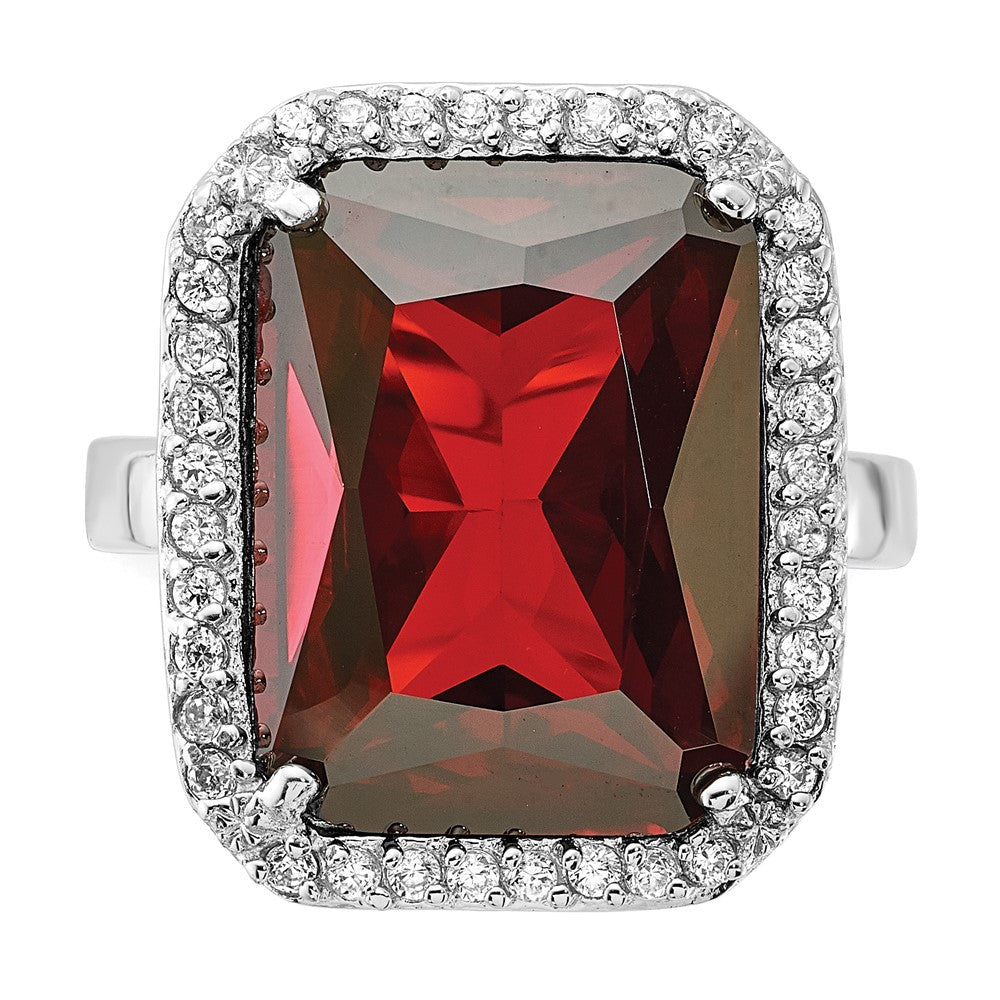 Sterlingsilber Poliert Rot & Klar Zirkonia Rechteck Heiligenschein Ring (size 9 Nur)