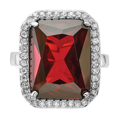 Sterlingsilber Poliert Rot & Klar Zirkonia Rechteck Heiligenschein Ring (size 9 Nur)