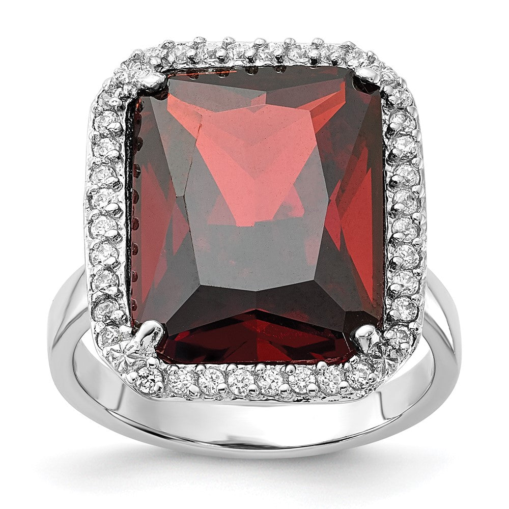 Sterlingsilber Poliert Rot & Klar Zirkonia Rechteck Heiligenschein Ring (size 9 Nur)