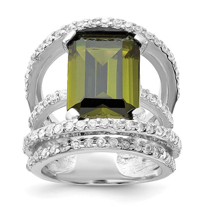 Sterlingsilber Poliert Fantasie Grün & Klar Zirkonia Ring (size 6 Nur)
