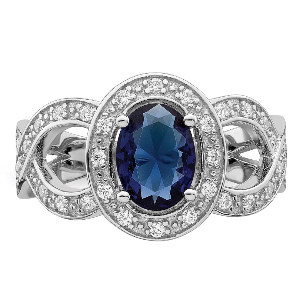 Sterlingsilber Rhodiniert Dunkel Blau Glas und Zirkonia Ring