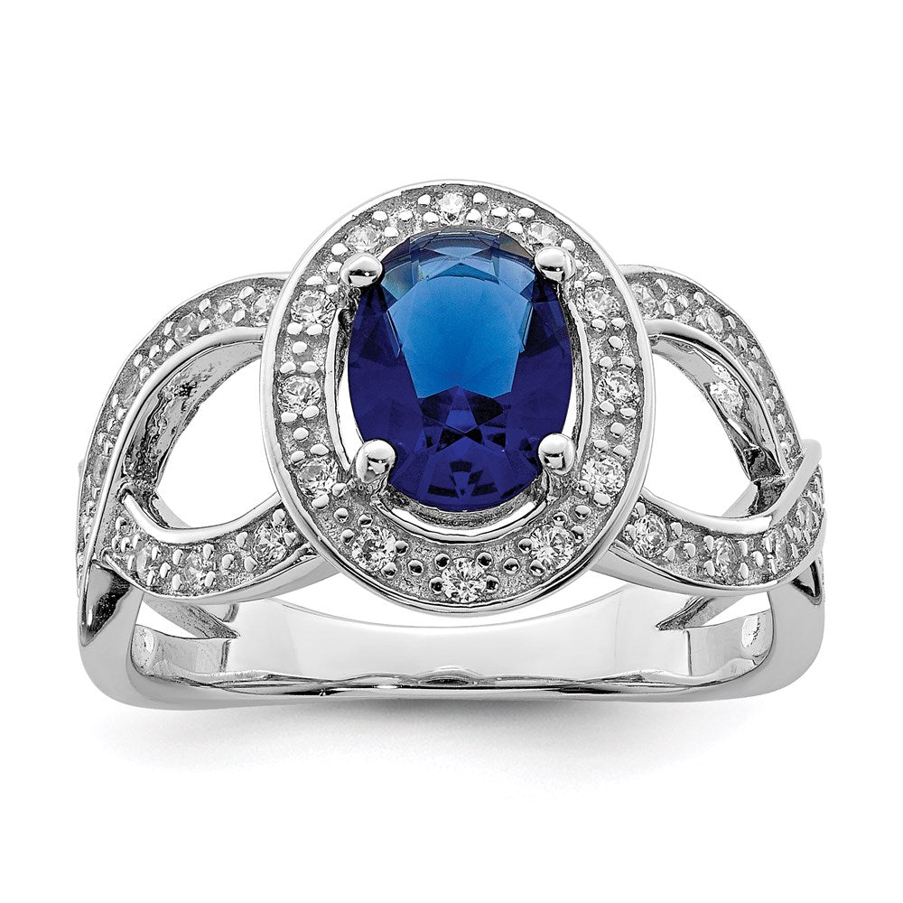 Sterlingsilber Rhodiniert Dunkel Blau Glas und Zirkonia Ring