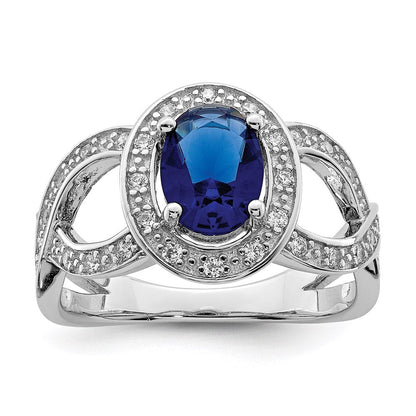 Sterlingsilber Rhodiniert Dunkel Blau Glas und Zirkonia Ring