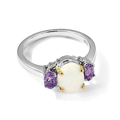 Sterlingsilber Brillant Gemstones mit 14K Akzente Rhodiniert Opal und Amethyst Ring (size 7 Nur)