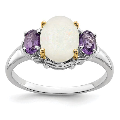 Sterlingsilber Brillant Gemstones mit 14K Akzente Rhodiniert Opal und Amethyst Ring (size 7 Nur)