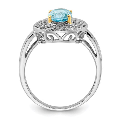 Sterlingsilber & 14K Akzente Himmel Blautopas Diamant Oval Ring (size 8 Nur)