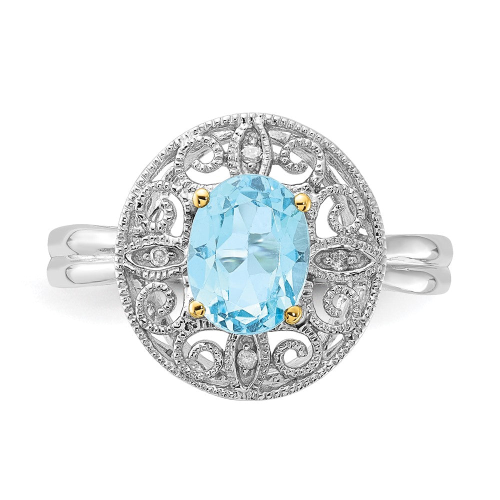 Sterlingsilber & 14K Akzente Himmel Blautopas Diamant Oval Ring (size 8 Nur)