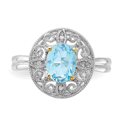 Sterlingsilber & 14K Akzente Himmel Blautopas Diamant Oval Ring (size 8 Nur)