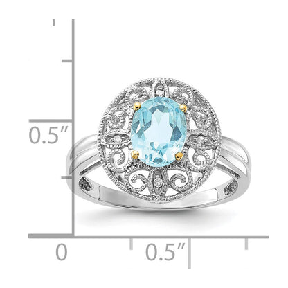 Sterlingsilber & 14K Akzente Himmel Blautopas Diamant Oval Ring (size 8 Nur)