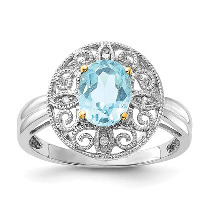 Sterlingsilber & 14K Akzente Himmel Blautopas Diamant Oval Ring (size 8 Nur)