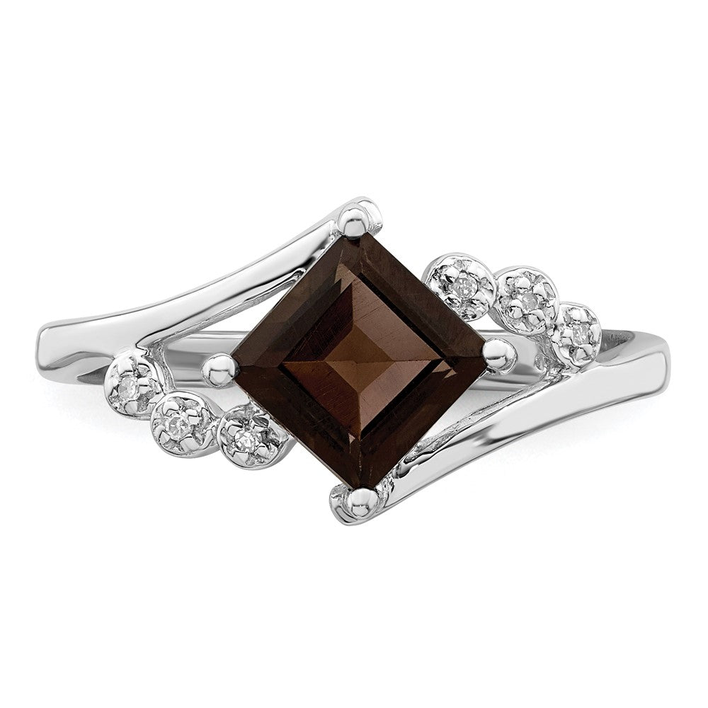 Sterlingsilber Rhodium Princess Schliff Rauch Quarz & Diamant Ring