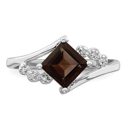 Sterlingsilber Rhodium Princess Schliff Rauch Quarz & Diamant Ring