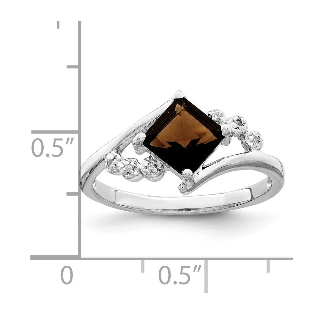 Sterlingsilber Rhodium Princess Schliff Rauch Quarz & Diamant Ring