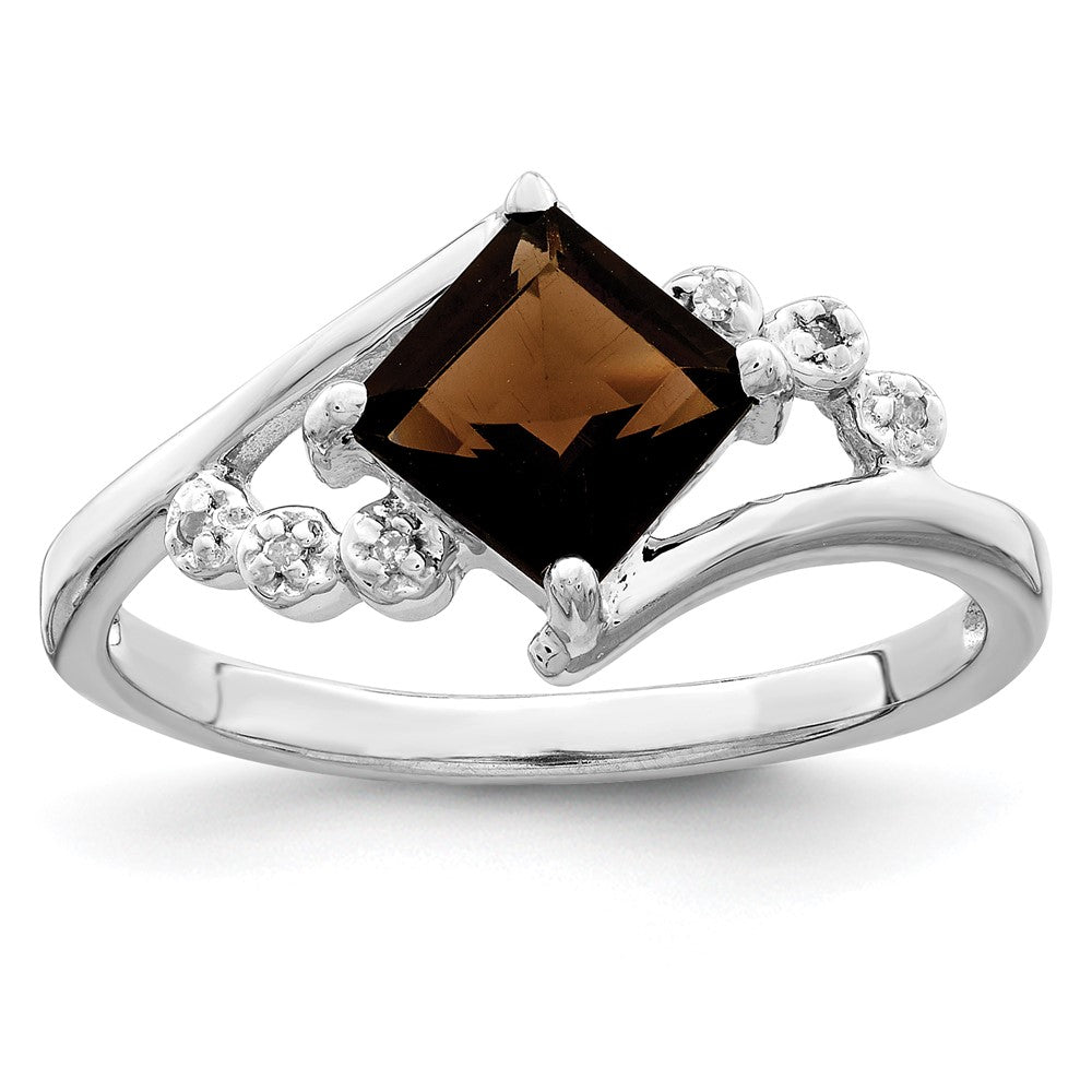 Sterlingsilber Rhodium Princess Schliff Rauch Quarz & Diamant Ring