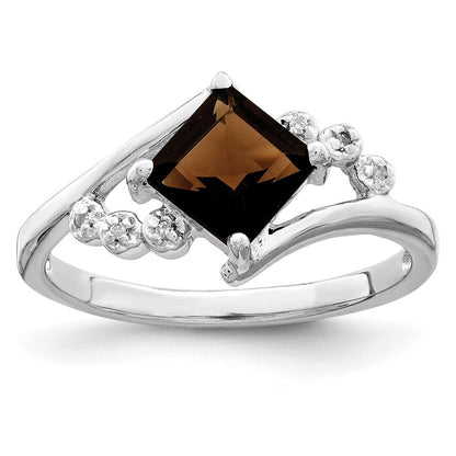 Sterlingsilber Rhodium Princess Schliff Rauch Quarz & Diamant Ring