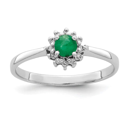 Sterlingsilber Rhodiniert Rund Smaragd & Diamant Ring