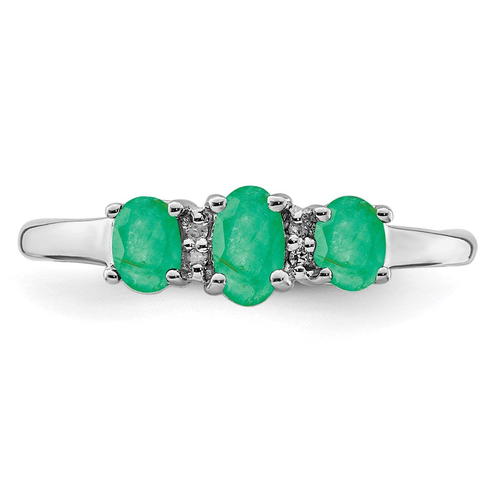 Sterlingsilber Rhodiniert Smaragd 3 Stein und Diamant Ring