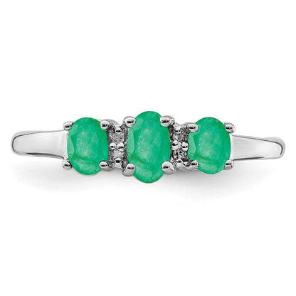 Sterlingsilber Rhodiniert Smaragd 3 Stein und Diamant Ring