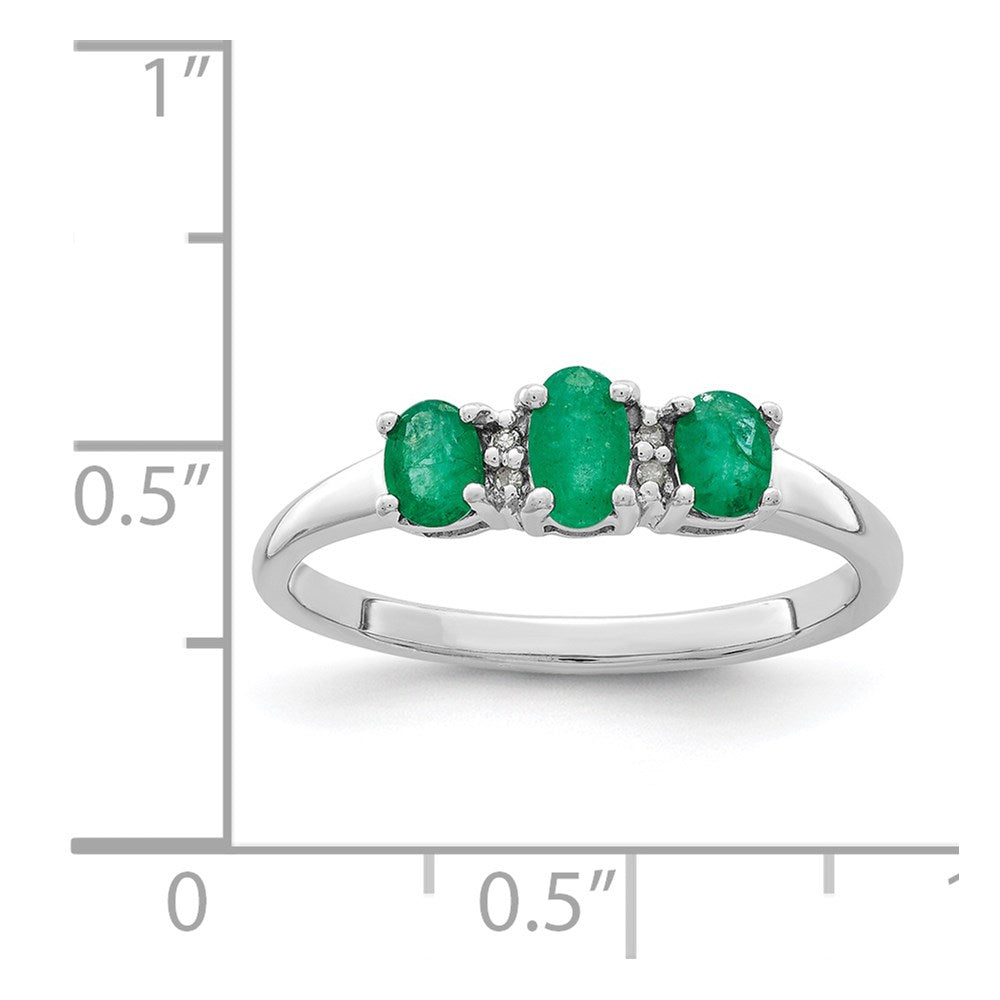 Sterlingsilber Rhodiniert Smaragd 3 Stein und Diamant Ring
