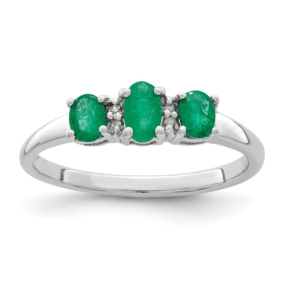 Sterlingsilber Rhodiniert Smaragd 3 Stein und Diamant Ring