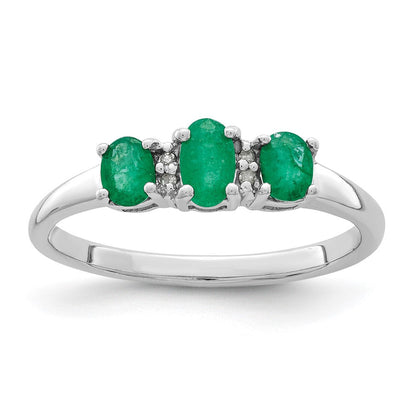 Sterlingsilber Rhodiniert Smaragd 3 Stein und Diamant Ring