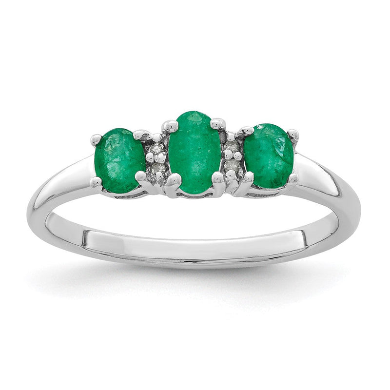 Sterlingsilber Rhodiniert Smaragd 3 Stein und Diamant Ring