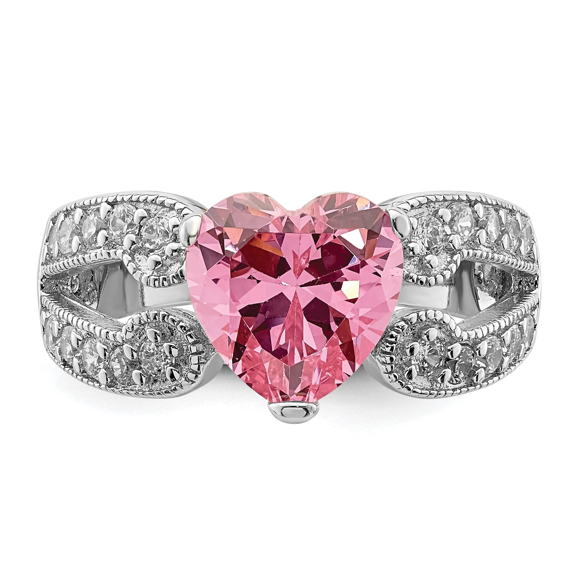 Sterlingsilber Rhodiniert Rund Rosa und Weiß Zirkonia Ring