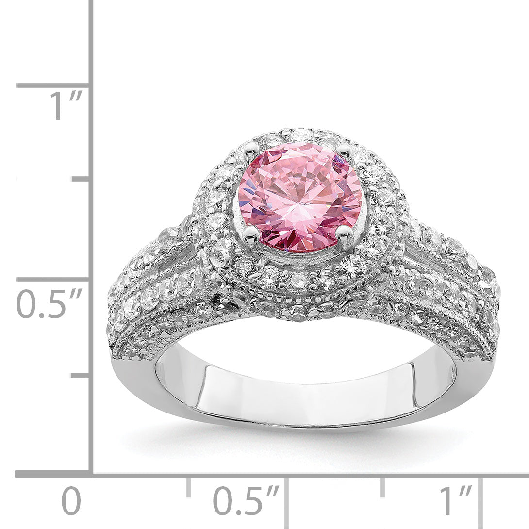 Sterlingsilber Rhodiniert Rund Rosa und Weiß Zirkonia Ring