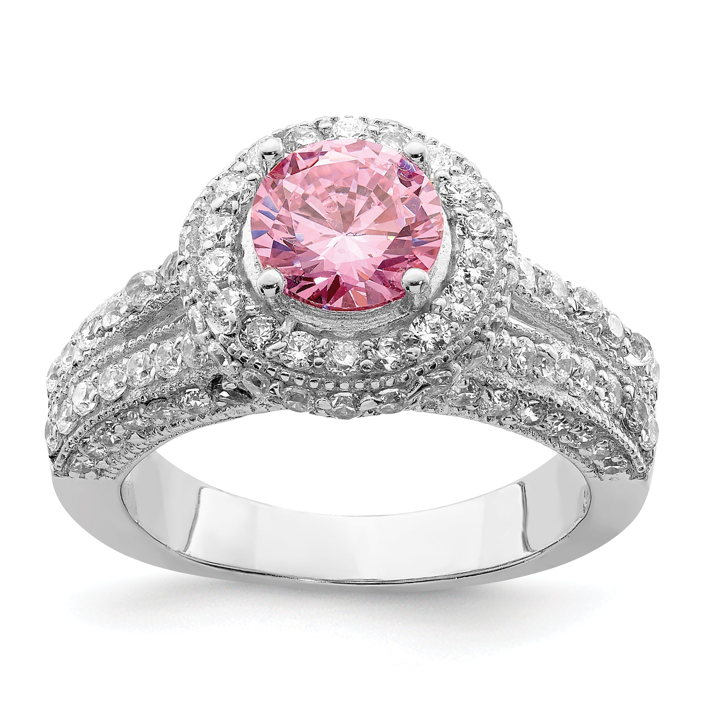 Sterlingsilber Rhodiniert Rund Rosa und Weiß Zirkonia Ring