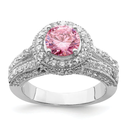 Sterlingsilber Rhodiniert Rund Rosa und Weiß Zirkonia Ring