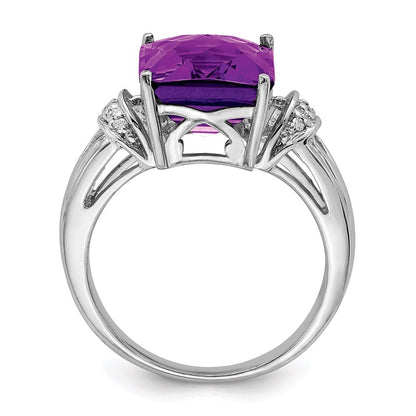 Sterlingsilber Rhodiniert Karo Schliff Amethyst & Diamant Ring (size 7 Nur)