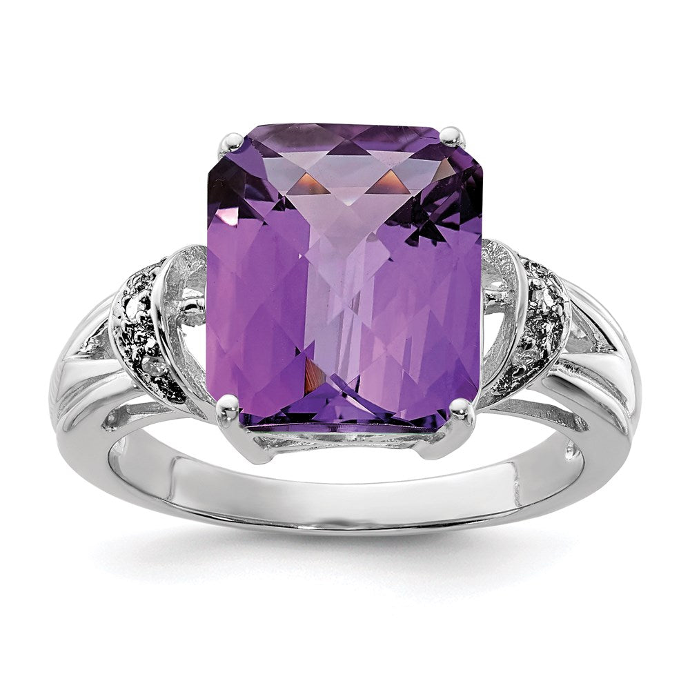 Sterlingsilber Rhodiniert Karo Schliff Amethyst & Diamant Ring (size 7 Nur)