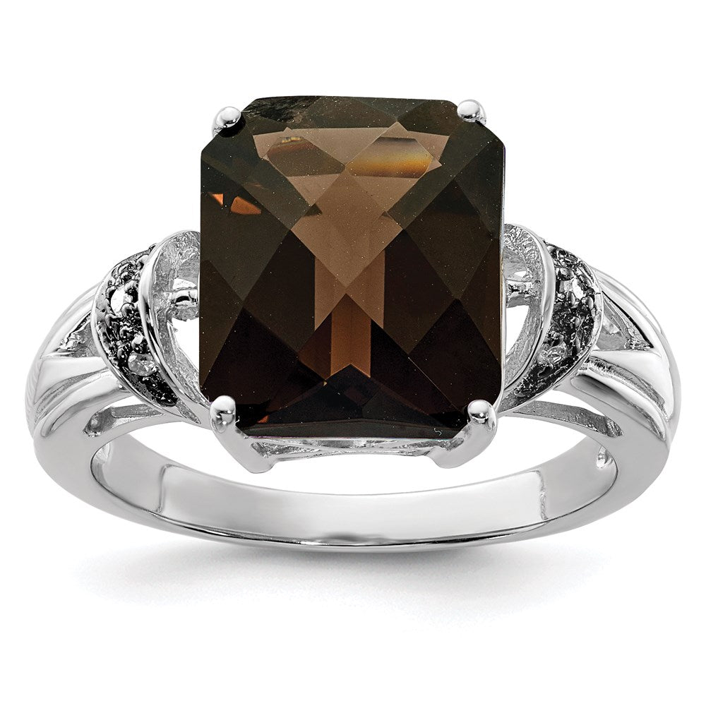 Sterlingsilber Rhodium Octagonal Karo Schliff Rauch Quarz & Diamant Ring (size 7 Nur)