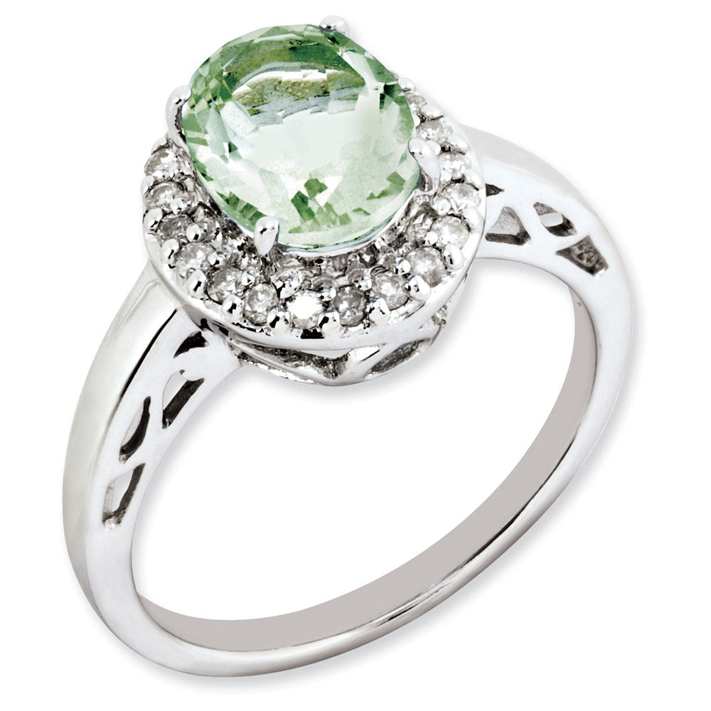 Sterlingsilber Rhodiniert Oval Grün Quarz & Diamant Ring (size 7 Nur)