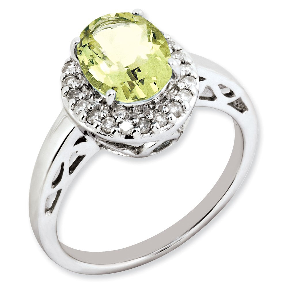 Sterlingsilber Rhodiniert Oval Zitrone Quarz & Diamant Ring (size 7 Nur)