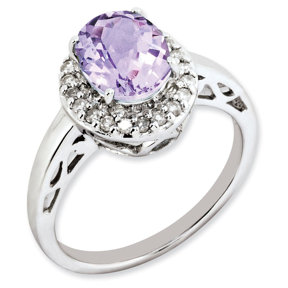 Sterlingsilber Rhodiniert Oval Rosa Quarz & Diamant Ring (size 7 Nur)