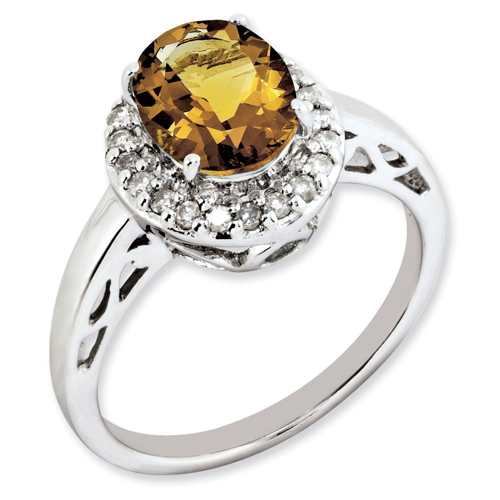 Sterlingsilber Rhodiniert Oval Whiskey Quarz & Diamant Ring (size 7 Nur)