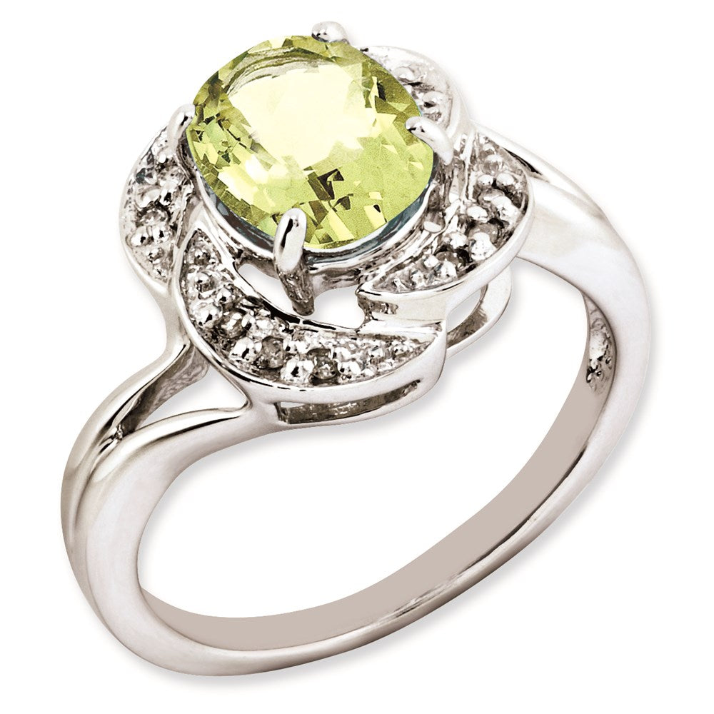 Sterlingsilber Rhodiniert Oval Zitrone Quarz & Diamant Ring (size 7 Nur)