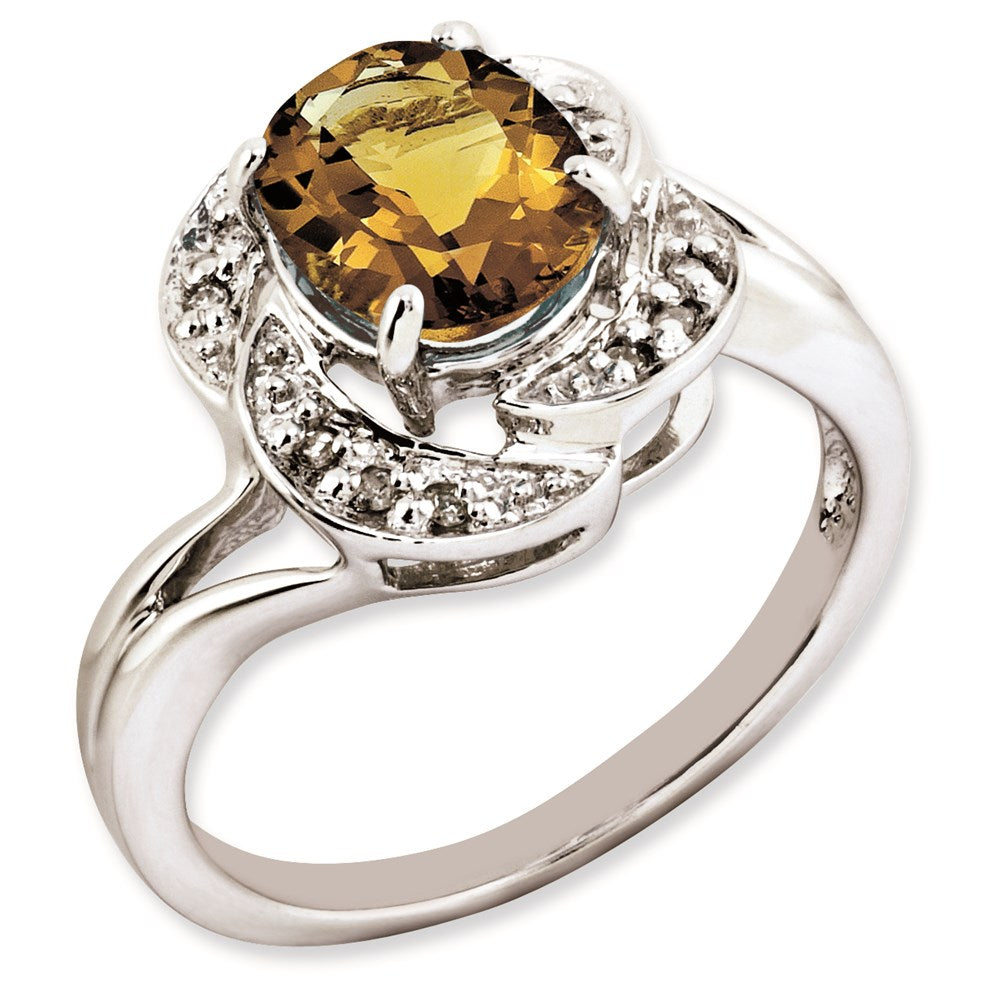 Sterlingsilber Rhodiniert Oval Whiskey Quarz & Diamant Ring (size 7 Nur)