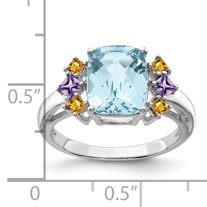 Sterlingsilber Rhodium Licht Schweizer Blau, Amethyst & Citrin Ring