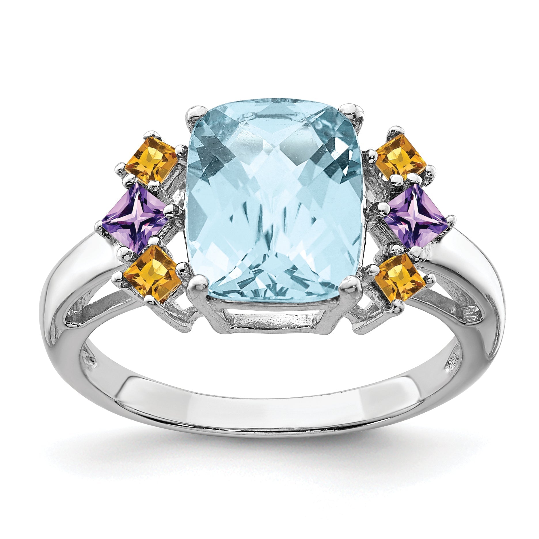 Sterlingsilber Rhodium Licht Schweizer Blau, Amethyst & Citrin Ring