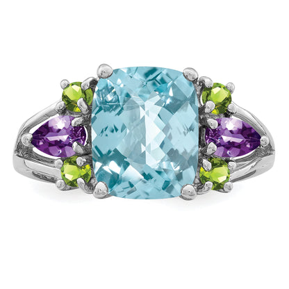 Sterlingsilber Rhodium Licht Schweizer Blautopas, Amethyst & Peridot Ring