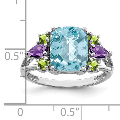 Sterlingsilber Rhodium Licht Schweizer Blautopas, Amethyst & Peridot Ring