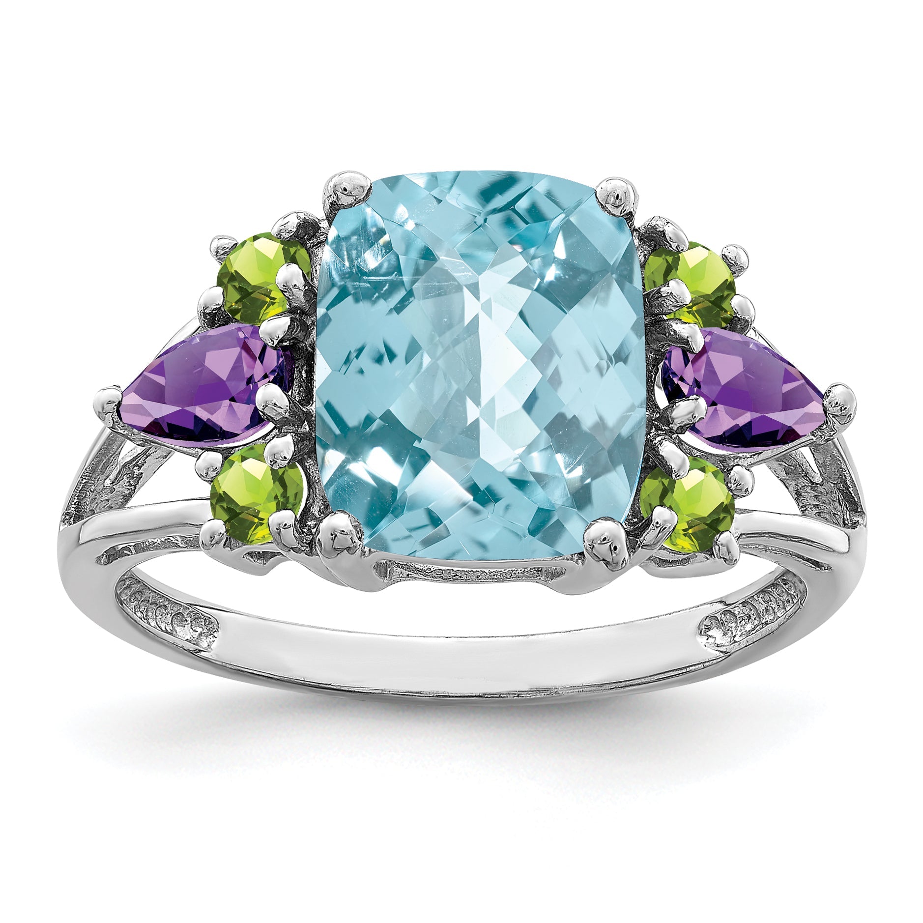 Sterlingsilber Rhodium Licht Schweizer Blautopas, Amethyst & Peridot Ring